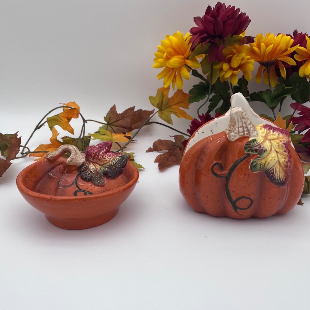 Unbranded Pumpkin Napkin Holder and Dish Set OS Orange Excellent Fall Harvest